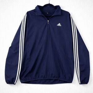 Adidas Mens Navy Blue Quarter Zip Windbreaker Jacket White Stripes Size Large